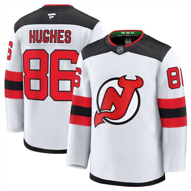 Men%27s New Jersey Devils #86 Hughes Fanatics White 2024-25 Away Stitched Hockey Jersey Dzhi